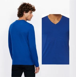 Armani Exhange Long-Sleeve Pure Pima Slim Fit Jersey V Neck, Blue Large - Picture 1 of 2