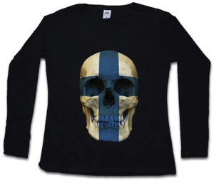CLASSIC FINLAND SKULL FLAG DAMEN LANGARM T-SHIRT Fahne Finnland - Picture 1 of 1
