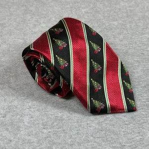 JZ Richards Christmas Tie Red 100% Silk Christmas Tree Stripes Black Green USA - Picture 1 of 7