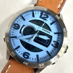 Fossil Nate Watch Anadigi Chrono Blue Tinted Glass JR1492 Brown Leather Strap WR - Picture 1 of 12
