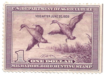 US Sc RW5 Violet $1.00 1938 MNH Original Gum Duck Stamp - Image 1 of 2