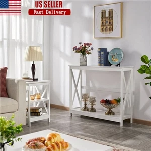 2-Tier Console Table Wood Entryway Shelf X Design Anti-Tipping Easy Assembly New - Picture 1 of 10