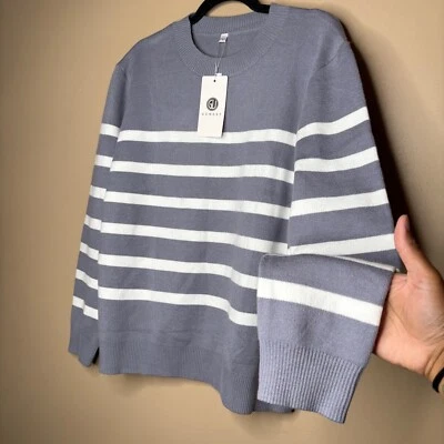 NEW Gunest Women's Gray Striped Crewneck Soft Sweater Size Large - Image 1 of 4