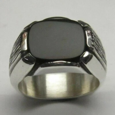 Natural Black Onyx Gemstone with 14K White Gold Plated Silver Ring for Men #1140 - Image 1 of 4