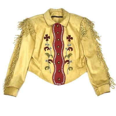 $855 Double D Ranch Vintage Beige Suede Beaded Western Jacket Womens S AUTHENTIC - Image 1 of 4