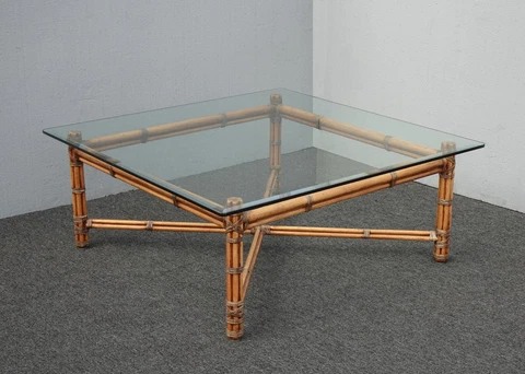Vintage Mid Century Modern McGuire Style Bamboo Coffee Table w Leather Straps Cover