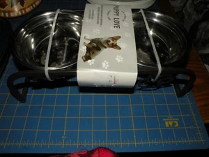 3 PC. PUPPY LOVE ELEVATED FOOD STAND NIP 2 METAL BOWLS PAW PRINT SIDES 13" WIDTH - Picture 1 of 3