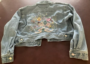 Vintage Gap Original Girls Denim Jean Jacket XXL with Knit Floral Embroidery - Picture 1 of 6