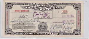 $500.00 SERIES OF 1939 POSTAL SAVINGS SYSTEM CERTIFICATE PAID MERIDEN CT 12099