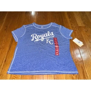 New WOMENS majestic 47 KANSAS CITY ROYALS BLUE COED STRIPE SHORT SLEEVE SCOOP XL - Picture 1 of 6