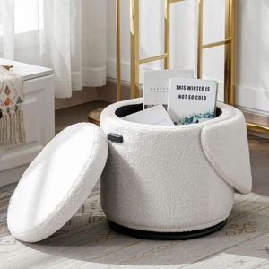 Modern Boucle Ottoman with Storage, Upholstered round Foot Stool Swivel Vanity C - Picture 1 of 7