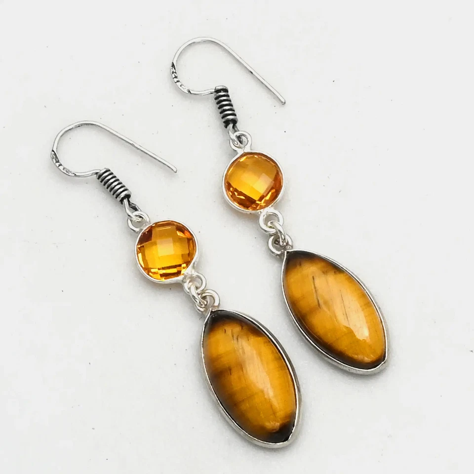 Pendientes colgantes hechos a mano con piedras preciosas de citrino ojo de tigre joyería 2" AE-99550 Foto 1 de 1