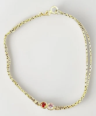 14K Gold over Sterling 2 Stone Dainty Chain Bracelet- Ruby Pink Stone Bezel Set - Image 1 of 4
