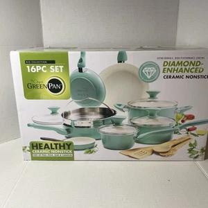 Green Pan 16-Piece Rio Cookware Ceramic Nonstick Pots and Pans Set Turquoise NIB - Picture 1 of 5