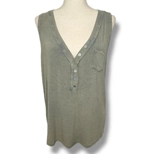 POL Ribbed V Neck Button Front Pocket Tank Top  In Sage Green Women’s Size Large - Picture 1 of 8