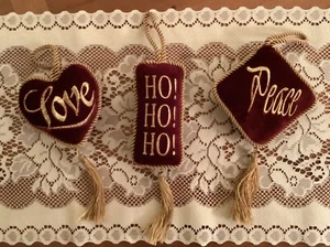 Velvet Burgundy Embroidered Pillow Ornaments Lot 3 Christmas Love Peace Ho Ho - Picture 1 of 6