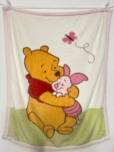 Disney Winnie the Pooh Hugs Piglet Baby Blanket Luxe Fleece Pink Trim Butterfly - Picture 1 of 5