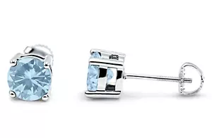 4mm Aquamarine Round Basket Set Stud Screw Back Earrings Solid Sterling Silver - Picture 1 of 2
