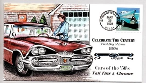 #3187G CARS OF THE 1950'S TAIL FINS AND CHRIME COLLINS ARTOWK HAND COLORED FDC - Picture 1 of 1