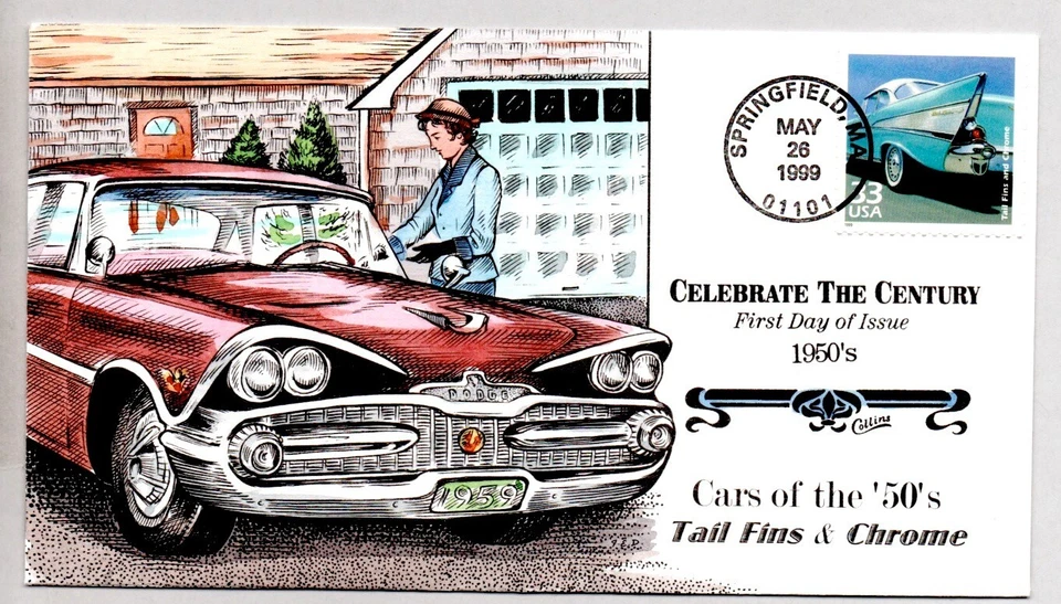 #3187G CARS OF THE 1950'S TAIL FINS AND CHRIME COLLINS ARTOWK HAND COLORED FDC - Image 1 of 1