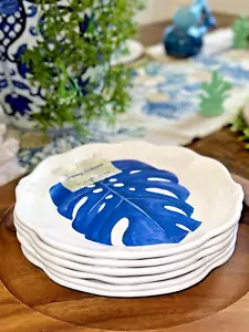 Set of 6 Tommy Bahama Tropical Monstera Leaf Melamine Salad Plates Exotic Blue - Picture 1 of 4