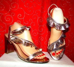 NEW REPORT JITLADA ROSE GOLD METALLIC OPEN TOE RUFFLE TRIM SLINGBK HEELS SZ 9.5 - Picture 1 of 10