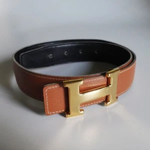 HERMES H Belt Men's Women's #65 Brown/Black Gold Buckle Leather Waist size 61-69 - Picture 1 of 8