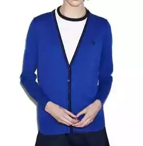 Fred Perry Women's Classic Tipped Cardigan - Blue Size 8 - Brand New - Picture 1 of 5