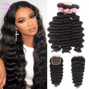 UNice Malaysian Loose Deep Wave 3 Bundles with Lace Closure Human Hair Extension - Picture 1 of 12