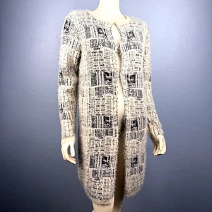 Lapis Fuzzy Plaid Cardigan Sweater Black White Eyelash Knit Longline Oversized - Picture 1 of 9