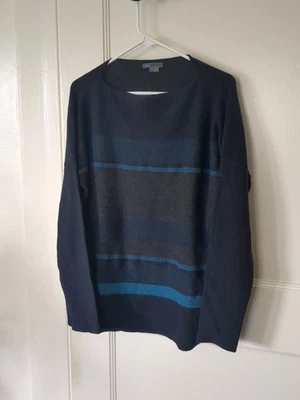 Vince Wool Cashmere Sweater Oversized Bateau Neck Medium Striped Blue Charcoal - Image 1 of 4