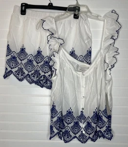 Juego de Pijama Calypso St Barth 100% Algodón Blanco Azul Volantes Bordado Grande - Imagen 1 de 19
