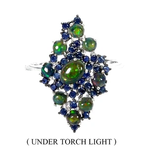 NATÜRLICHER AAA SCHWARZER FEUEROPAL & BLAUER SAPHIR RING 925 STERLINGSILBER 14KWGP GR. 8 - Bild 1 von 3