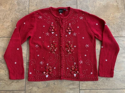 Cárdigan Suéter Vintage Erika Feo Navidad Mediano Rojo Cuentas Bordado  Foto 1 de 4