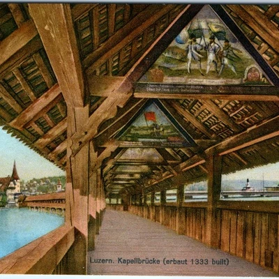 Puente Kapellbrucke Suiza Lucerna década de 1930 construido 1333 lago madera pintada A339 Foto 1 de 3