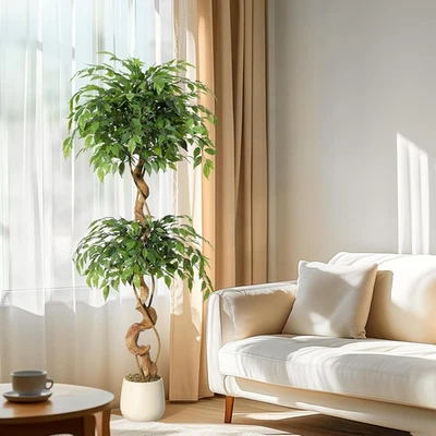 5 Ft Artificial Ficus Tree with Curved Trunk in White Pot for Home Decor - Image 1 of 4