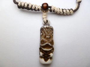 Buffalo Bone White Brown Tiki Pendant Adjustable Cord Necklace #30192-25 (QTY 2) - Picture 1 of 2