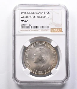 MS66 1968 C S Denmark 10 Kroner Silver Wedding Of Benedikte NGC *2923 - Picture 1 of 3