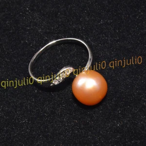 Genuine Natural 10-11mm South Sea Pink Round Pearl Silver Opening Rings AAA - Picture 1 of 5