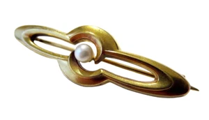 ART NOUVEAU - Antique Yellow Gold Natural PEARL Bar PIN/Brooch 14K - Picture 1 of 7