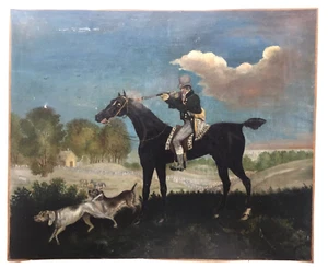 AMERICAN FOLK ART 19th Century Horse hunter Hunting Oil Antique painting Signed - Picture 1 of 11