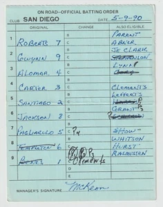 5-9-90 San Diego Padres Game Used Lineup Card - Tony Gwynn & Roberto Alomar - Picture 1 of 1