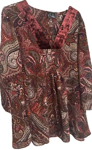 New Directions 2X Multicolor Paisley Velour V Neck Blouse Shirt Tunic Top - Picture 1 of 13