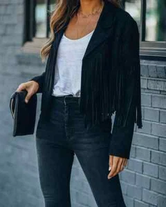 Women Moto Biker Jacket Chic Cropped Tassel Fringe Short Decor Coat - Picture 1 of 28