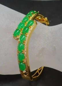 Real Ice Green Jade Cabochon Beads Openable Yellow Gold Plated Bangle Bracelet - Picture 1 of 7