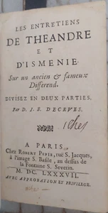 DECRUES Les Entretiens de Théandre et d’Isménie - Edition originale - 1687 AP - Foto 1 di 7