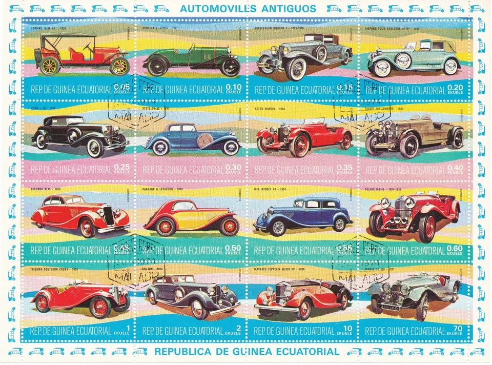 EQUATORIAL GUINEA 1974 OLD CARS 0.05 - 70 E VFU small sheet incl. set (16 V.) - Image 1 of 1