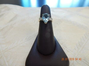 Ladies 10k yellow gold sky blue pear shaped natural topaz w/ diamond accents - Picture 1 of 12