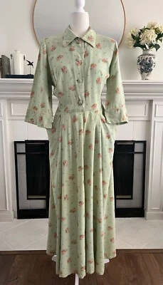 RARE Vintage 30s Floral Day Dress Mint Green Pockets Cottage Core Farmhouse - Image 1 of 4