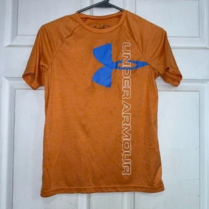 Under Armour Boys YXL Orange HeatGear Shirt Blue Logo Loose Fit - Picture 1 of 3